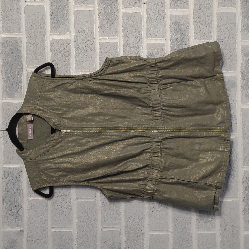 Chico's Linen & Cotton Blend Women's Green Zipper Down Vest with Gold Shimmer